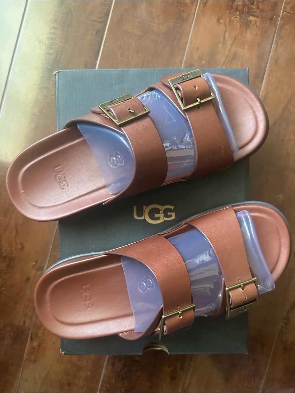 UGG Brown Leather & Clear Strap Dual-Buckle Slide Sandals